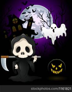 Halloween costumes grim reaper with pumpkin and ghost on haunted castle background