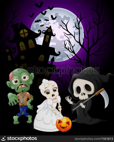 Halloween costumes grim reaper with skull bride and zombie on haunted castle background