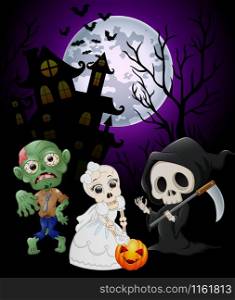 Halloween costumes grim reaper with skull bride and zombie on haunted castle background