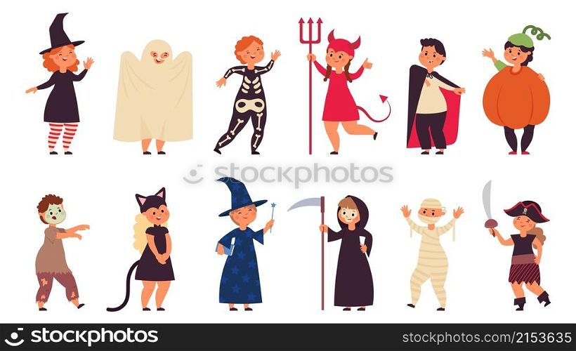 Halloween costumes kid. Costume group children, kids celebration party. Zombie child, pirate girl and funny smile skeleton decent vector set. Illustration halloween celebration, devil and dracula. Halloween costumes kid. Costume group children, kids celebration party. Zombie child, pirate little girl and funny smile skeleton decent vector set
