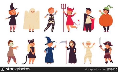 Halloween costumes kid. Costume group children, kids celebration party. Zombie child, pirate girl and funny smile skeleton decent vector set. Illustration halloween celebration, devil and dracula. Halloween costumes kid. Costume group children, kids celebration party. Zombie child, pirate little girl and funny smile skeleton decent vector set