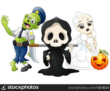Halloween costumes kids with grim reaper, skull bride and zombie