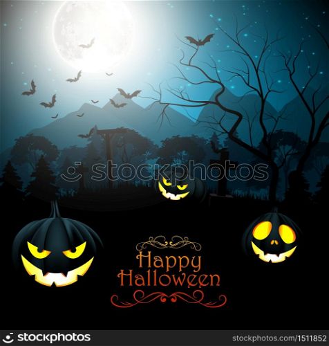 Halloween creepy forest at night with pumpkins on the full moon .Vector illustration
