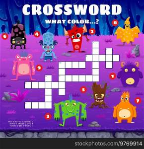 Halloween crossword quiz game. Cartoon monster characters. Children crossword grid game or word puzzle vector worksheet with angry zombie, scary devil and ghost, alien beast, stump monster personages. Halloween crossword game with monster characters