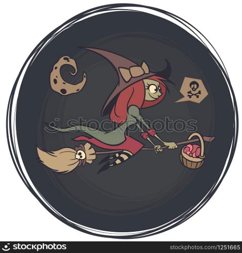 Halloween cute witch flying on her broom on a full moon night. Vector illustration