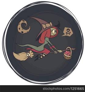 Halloween cute witch flying on her broom on a full moon night. Vector illustration
