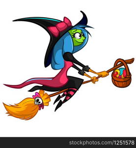 Halloween cute witch flying on her broom. Vector cartoon illustration