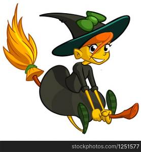 Halloween cute witch flying on her broom. Vector cartoon sticker