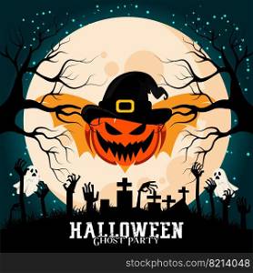 Halloween Day Illustration Vector Design, Pumpkin Tree Bat and Creepy Ghost Design