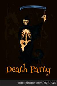 Halloween Death Party banner. Vector character of skeleton skull in black robe with scythe. Decoration design template for Halloween poster, invitation, greeting card. Halloween Death Party banner