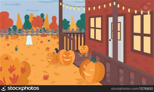 Halloween decorated yard flat color vector illustration. Seasonal spooky pumpkins on lawn. Home porch and light garland. Festive house backyard 2D cartoon landscape with autumn background. Halloween decorated yard flat color vector illustration