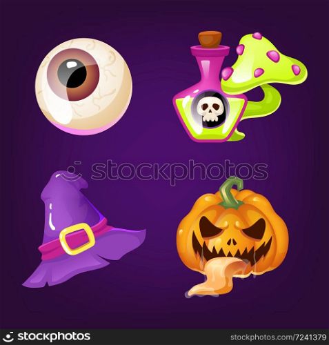 Halloween decoration cartoon vector set. Realistic spooky and scary items isolated on purple. Magic potion, witch hat and creepy eye, carved pumpkin stickers. Horror decor flat cliparts collection