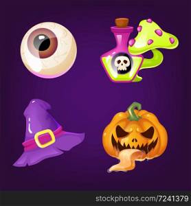 Halloween decoration cartoon vector set. Realistic spooky and scary items isolated on purple. Magic potion, witch hat and creepy eye, carved pumpkin stickers. Horror decor flat cliparts collection