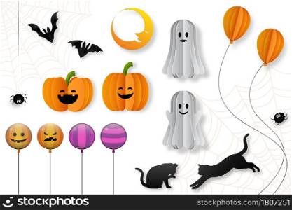 Halloween decorative elements in paper cut style, vector illustration.