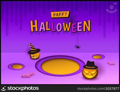 Halloween design 3d style with pumpkin on purple background
