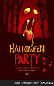 Halloween design template. Zombie face and place for text isolated on dark night background. Vector party invitation
