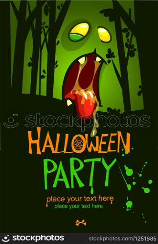 Halloween design template. Zombie face and place for text isolated on dark night background. Vector party invitation