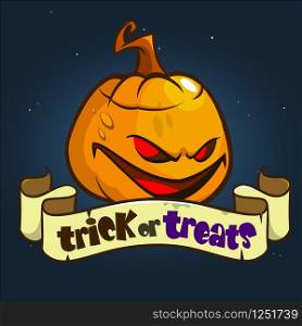 Halloween Design with Pumpkin and ribbon with title Trick or Treats. Vector halloween illustration isolated on dark background