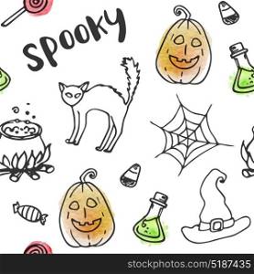 Halloween doodle vector seamless pattern. Hand drawn illustration with watercolor texture.