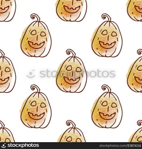 Halloween doodle vector seamless pattern with pumpkin. Hand drawn illustration with watercolor texture.