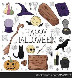 Halloween e≤ment set with witch,pumpkins, broom, moon and spell book . Perfect for scrapbooking, greeting card, party invitation, poster, tag, sticker kit. Hand drawn vector illustration.. Halloween e≤ment set with witch,pumpkins, broom, moon and spell book . Perfect for scrapbooking, greeting card, party invitation, poster, tag, sticker kit. Hand drawn vector illustration