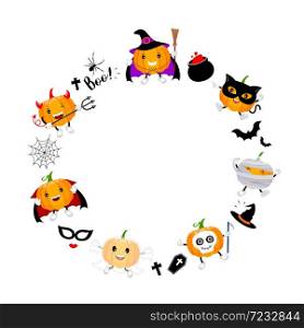 Halloween elements in circle shape with pumpkin character design. Illustration isolated on white background. For poster, banner, greeting card, invitation.