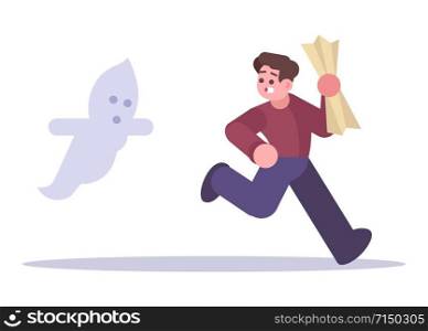 Halloween escape room flat vector illustration. Man running from ghost isolated cartoon character on white background. Scared young boy in escape room looking for exit. Supernatural horror scene