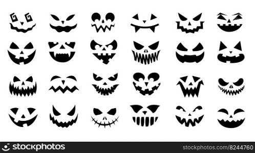 Halloween faces. Creepy doodle smiling face expressions with angry eyes for horror posters, evil ghosts and jack lantern faces. Vector isolated set. Holiday celebration spooky symbols. Halloween faces. Creepy doodle smiling face expressions with angry eyes for horror posters, evil ghosts and jack lantern faces. Vector isolated set