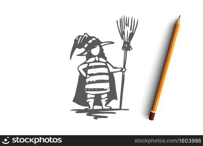 Halloween, female, costume, hat, broom concept. Hand drawn woman in Halloween costume with broom concept sketch. Isolated vector illustration.. Halloween, female, costume, hat, broom concept. Hand drawn isolated vector.