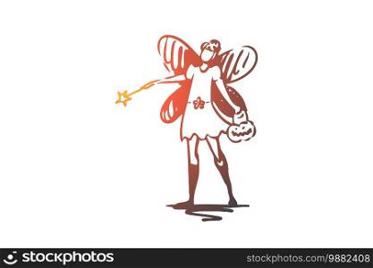 Halloween, female, costume, pumpkin, butterfly concept. Hand drawn woman in costume of butterfly concept sketch. Isolated vector illustration.. Halloween, female, costume, pumpkin, butterfly concept. Hand drawn isolated vector.