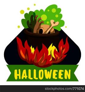 Halloween fire cauldron logo. Cartoon of halloween fire cauldron vector logo for web design isolated on white background. Halloween fire cauldron logo, cartoon style
