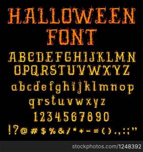 Halloween fire font. Burning type uppercase and lowercase letters, numbers and punctuation symbols isolated on black background. Latin scary flame font letters. Vector. Fire Halloween font or type