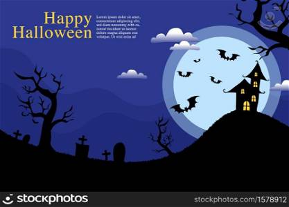 "Halloween Full Moon Banner. Haunted House and Bats. Poster for the day of "happy halloween". vector illustration"