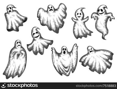Halloween funny cartoon ghosts vector icons. Cute and scary artistic spooks with face expressions. Halloween funny cartoon ghosts set