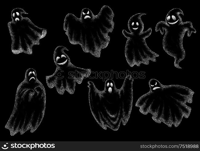 Halloween funny comic ghosts icons. Chalk cartoon bogey and spooks characters on blackboard with face expressions smiling, laughing, scared, angry, indifferent, serious, shy, dancing, levitating. Halloween funny ghosts cartoon chalk icons