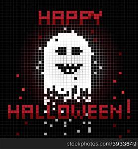 Halloween funny greetings card, pixel illustration of a scoreboard composition with digital drawing of a ghost laughing and holiday text