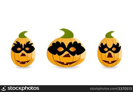 Halloween gang of pumpkins dressed in masks are isolated on white background