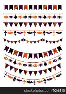 Halloween garland. Festive buntings with pumpkins, spiders and skull for greeting cards invitations, colorful flags flat vector decoration rope sign scary isolated set. Halloween garland. Festive buntings with pumpkins, spiders and skull for greeting cards invitations, colorful flags flat vector set