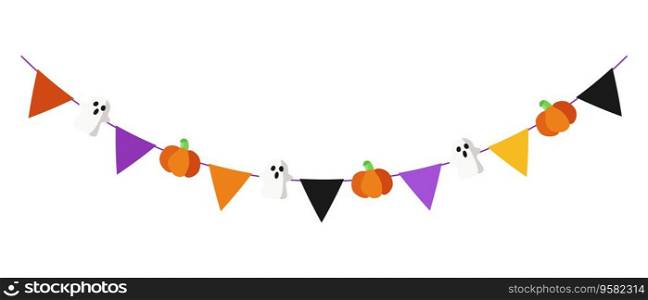 Halloween garland with triangular flags pumpkins and ghosts. Decor for Halloween celebration. Isolated graphic template. Vector illustration.. Halloween garland with triangular flags pumpkins 