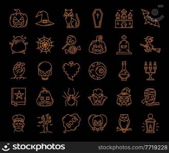 Halloween, ghost and pumpkin, witch and spider web, vector scary characters icons. Halloween holiday outline spooky monsters and skeleton with black cat and bat, witch hat and skull with candle. Halloween ghost, pumpkin, witch or spiderweb icons