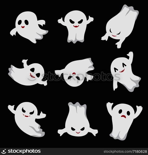 Halloween ghost. Ghostly cute cartoon characters. Devil monsters for frightened child. Vector collection spooky evil, scary ghost, horror ghostly illustration. Halloween ghost. Ghostly cute cartoon characters. Devil monsters for frightened child. Vector collection