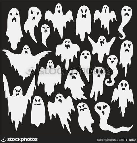 Halloween ghosts. Ghostly monster with Boo scary face shape. Spooky ghost white fly fun cute evil horror silhouette for scary october holiday design or costume, flat vector isolated icon set