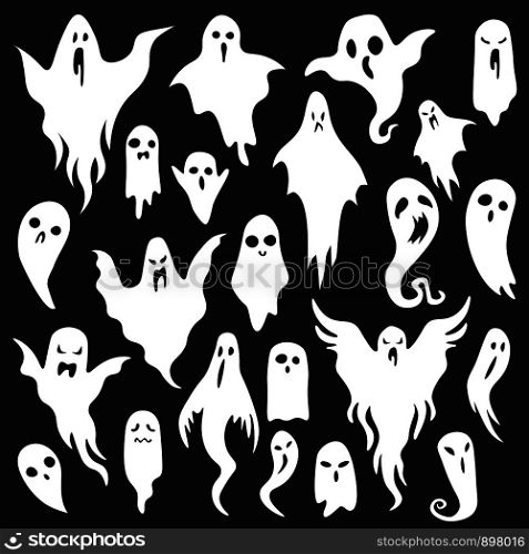 Halloween ghosts. Ghostly monster with Boo scary face shape. Spooky ghost white fly fun cute evil horror silhouette for scary october holiday design or costume, flat vector isolated icon set. Halloween ghosts. Ghostly monster with Boo scary face. Spooky ghost flat vector icon set