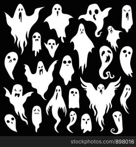 Halloween ghosts. Ghostly monster with Boo scary face shape. Spooky ghost white fly fun cute evil horror silhouette for scary october holiday design or costume, flat vector isolated icon set. Halloween ghosts. Ghostly monster with Boo scary face. Spooky ghost flat vector icon set