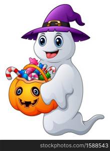 Halloween ghosts holds pumpkin bag full candy