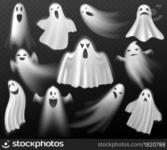 Halloween ghosts. Scary creature, white curtain spooks, realistic phantoms, dead souls characters in fabric capes all saints day. Mystical death shadows with different emotions. Vector isolated set. Halloween ghosts. Scary creature, white curtain spooks, realistic phantoms, dead souls characters in fabric capes all saints day. Mystical death shadows with different emotions vector set