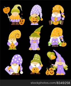 Halloween gnome vector set. Happy hallowen design. Funny girl dwarf illustration. Hallowen troll with pumpkin for banner, t-shirt.. Halloween gnome vector set. Happy hallowen design. Funny girl dwarf illustration.
