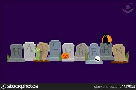 Halloween. Grave and hand of zombie. Black cat and skull. Sinister Pumpkin. Gravestone in cemetery. Illustration for terrible holiday