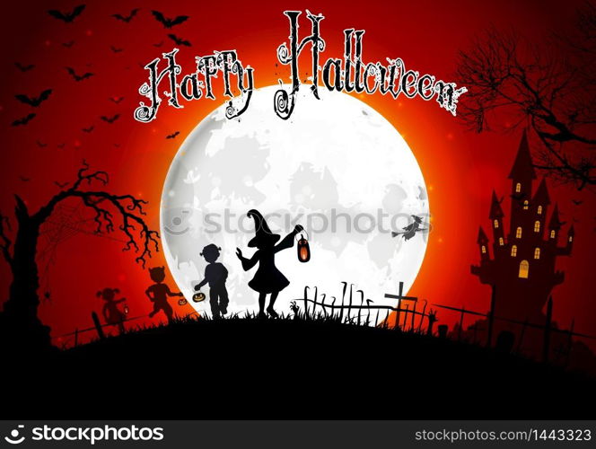 Halloween grave on full moon background with a little girls. vector