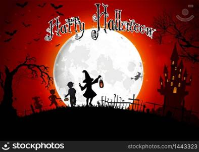 Halloween grave on full moon background with a little girls. vector